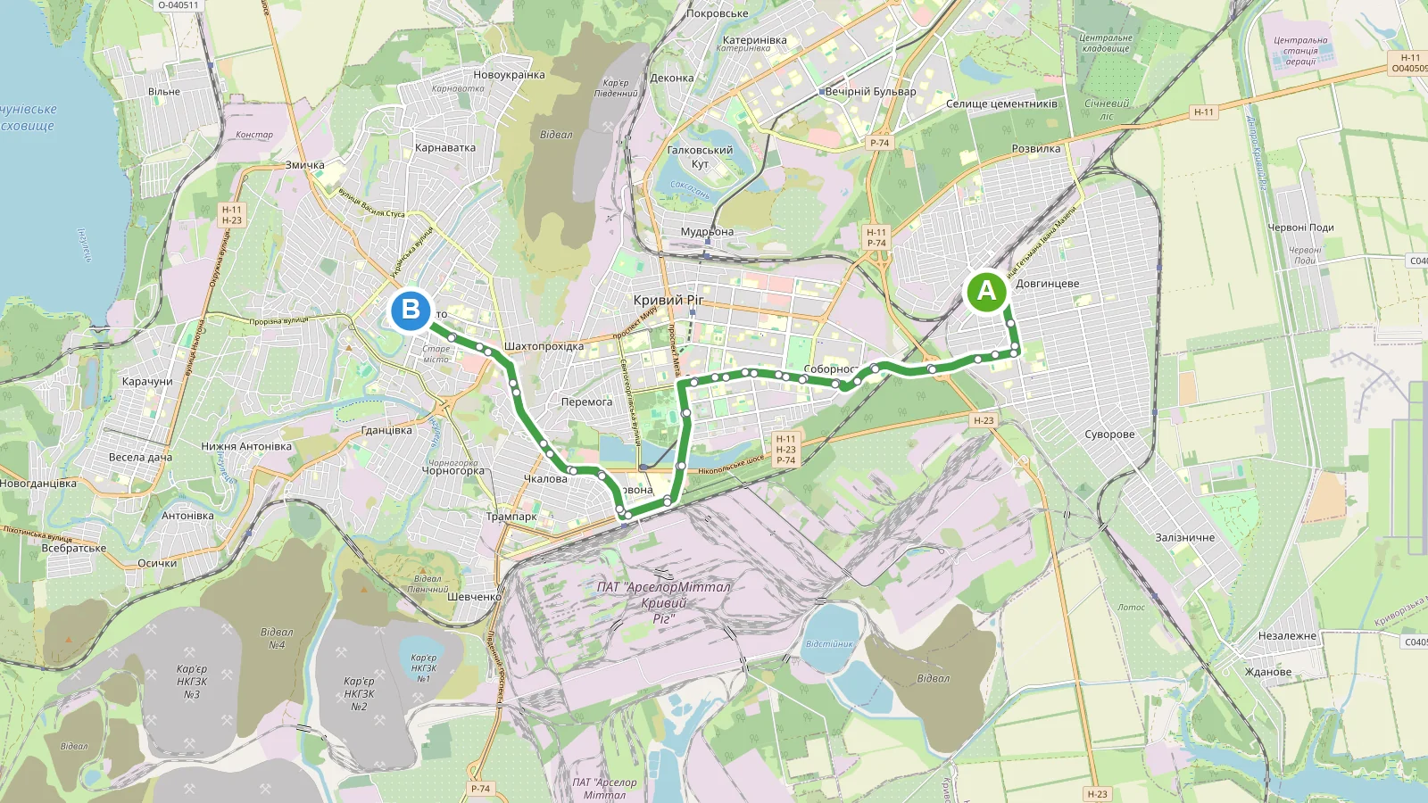Схема маршруту: Маршрутка 286 Кривий Ріг